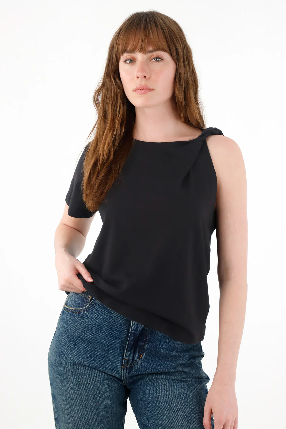 Women's Black T-Shirt with Shoulder Twist Detail