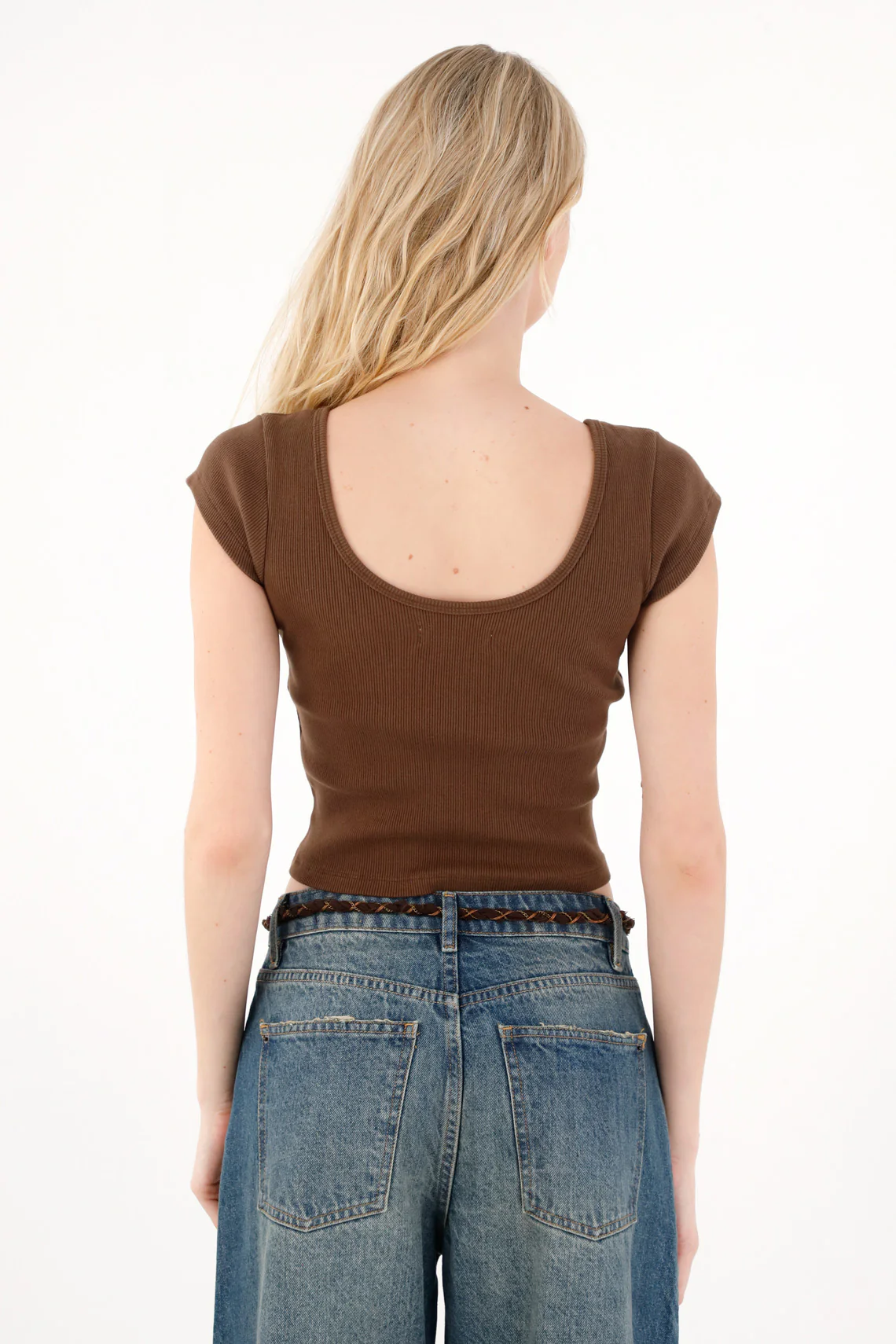 Women's Fitted Ribbed Brown T-Shirt - Image 5