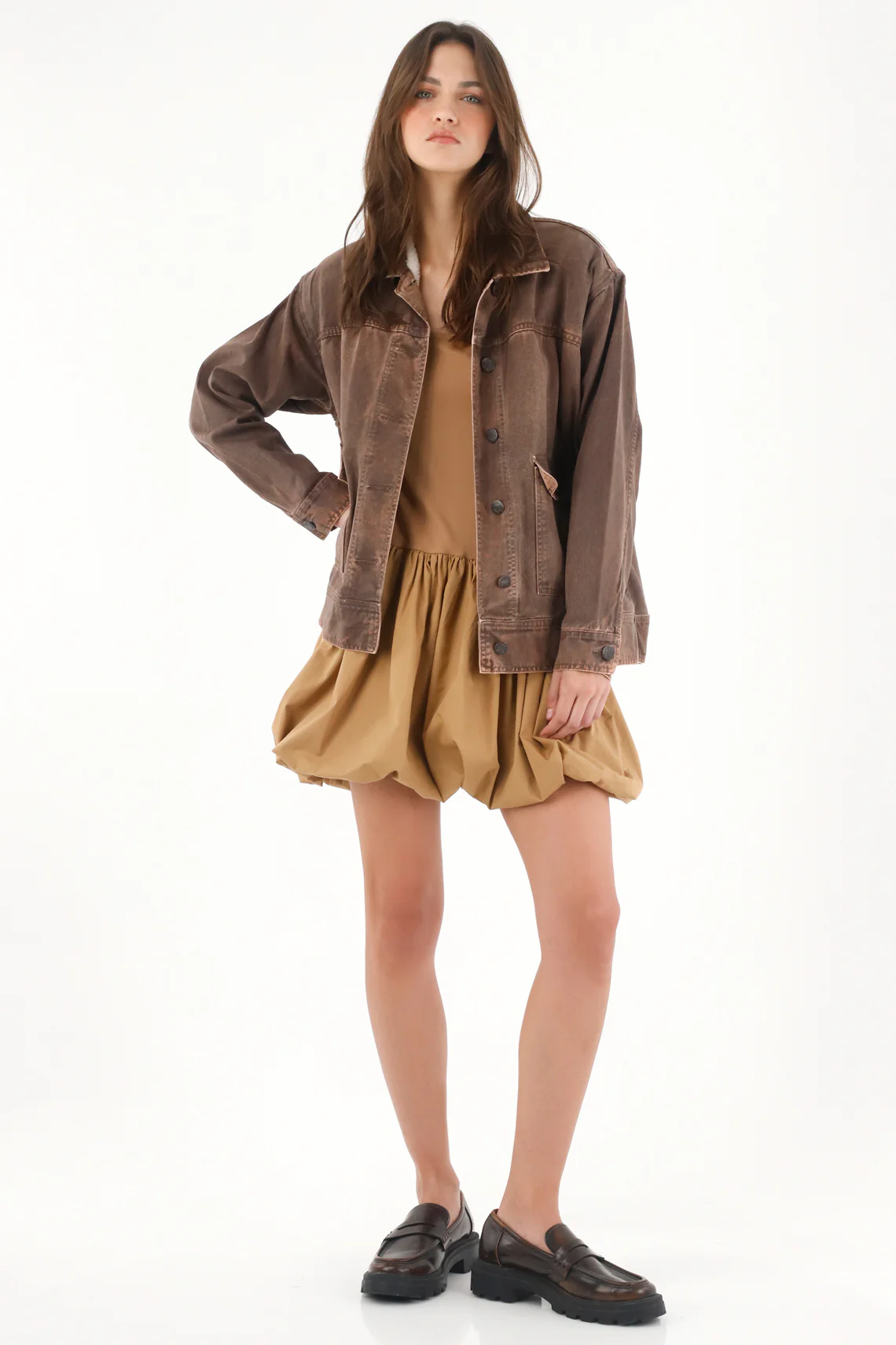 Short Strapless Brown Balloon Skirt Dress for Women - Image 2