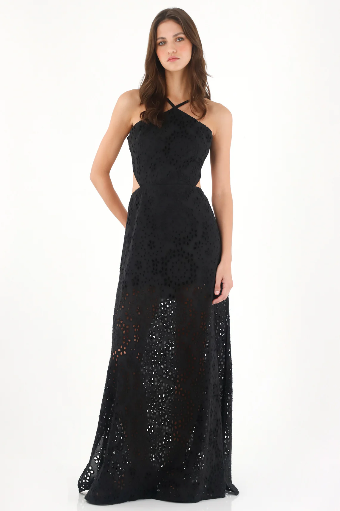 Women's long halter neck dress in black eyelet fabric