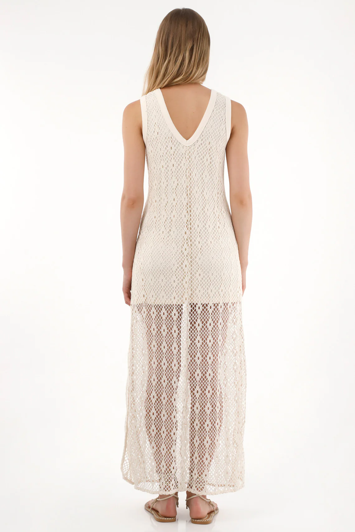 Women's Long Crocheted Dress in Natural Beige - Image 4