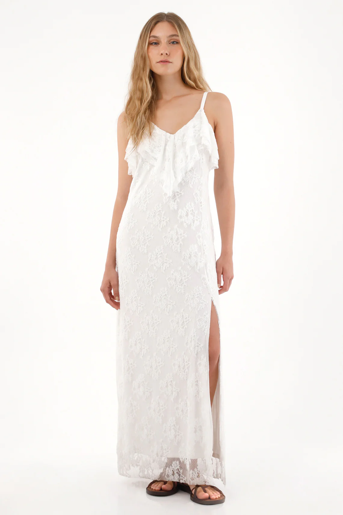 Women's Long Lace Dress with V-Neck in Crudo