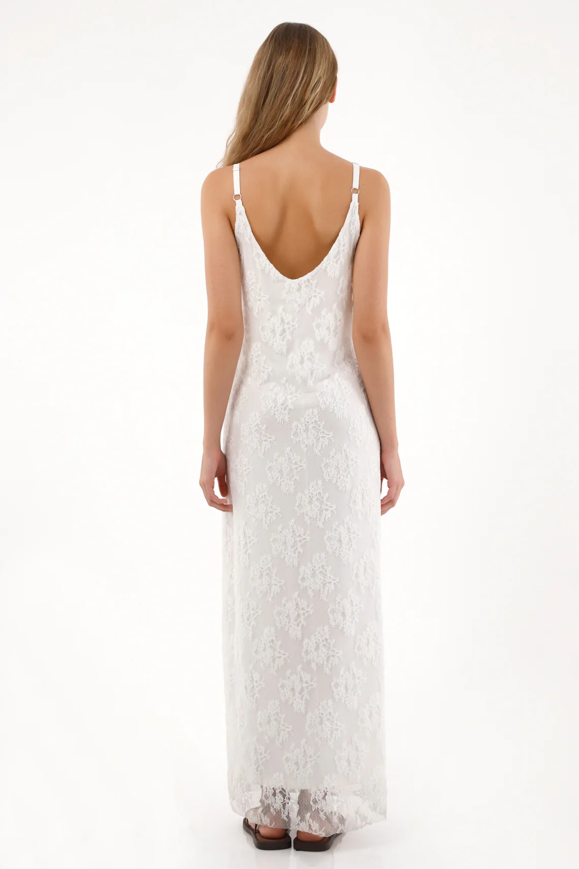 Women's Long Lace Dress with V-Neck in Crudo - Image 4