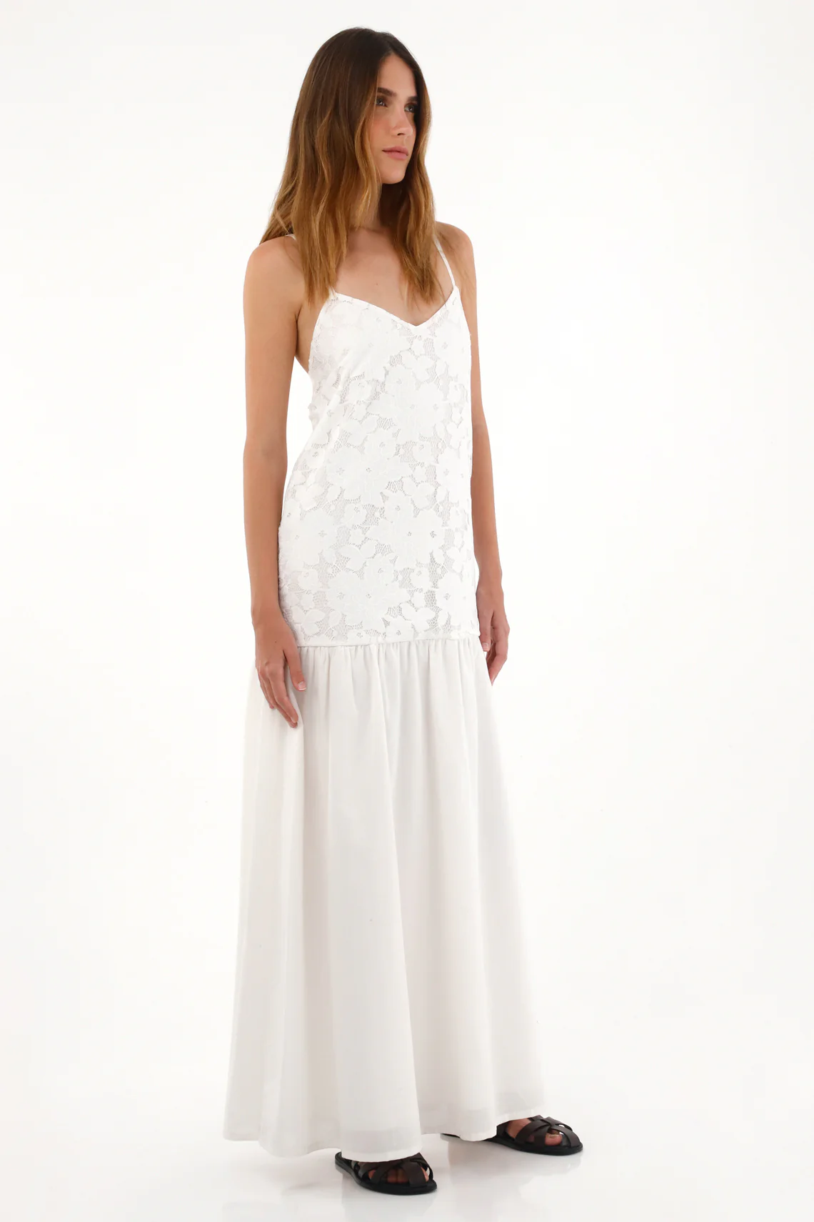 Women's Long Dress in Cream Fabric Contrast - Image 3