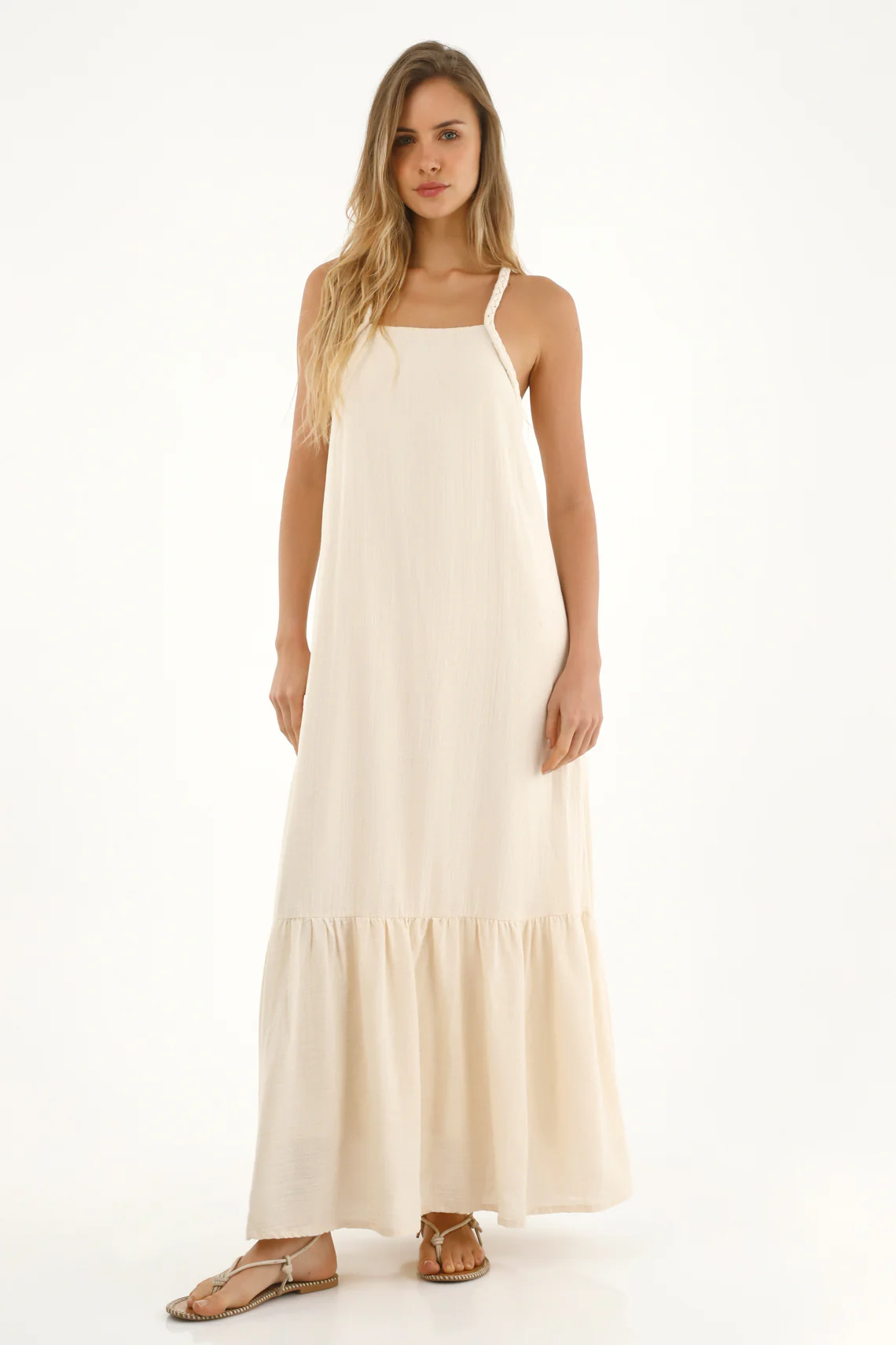 Women's Long Textured Fabric Dress in Cream