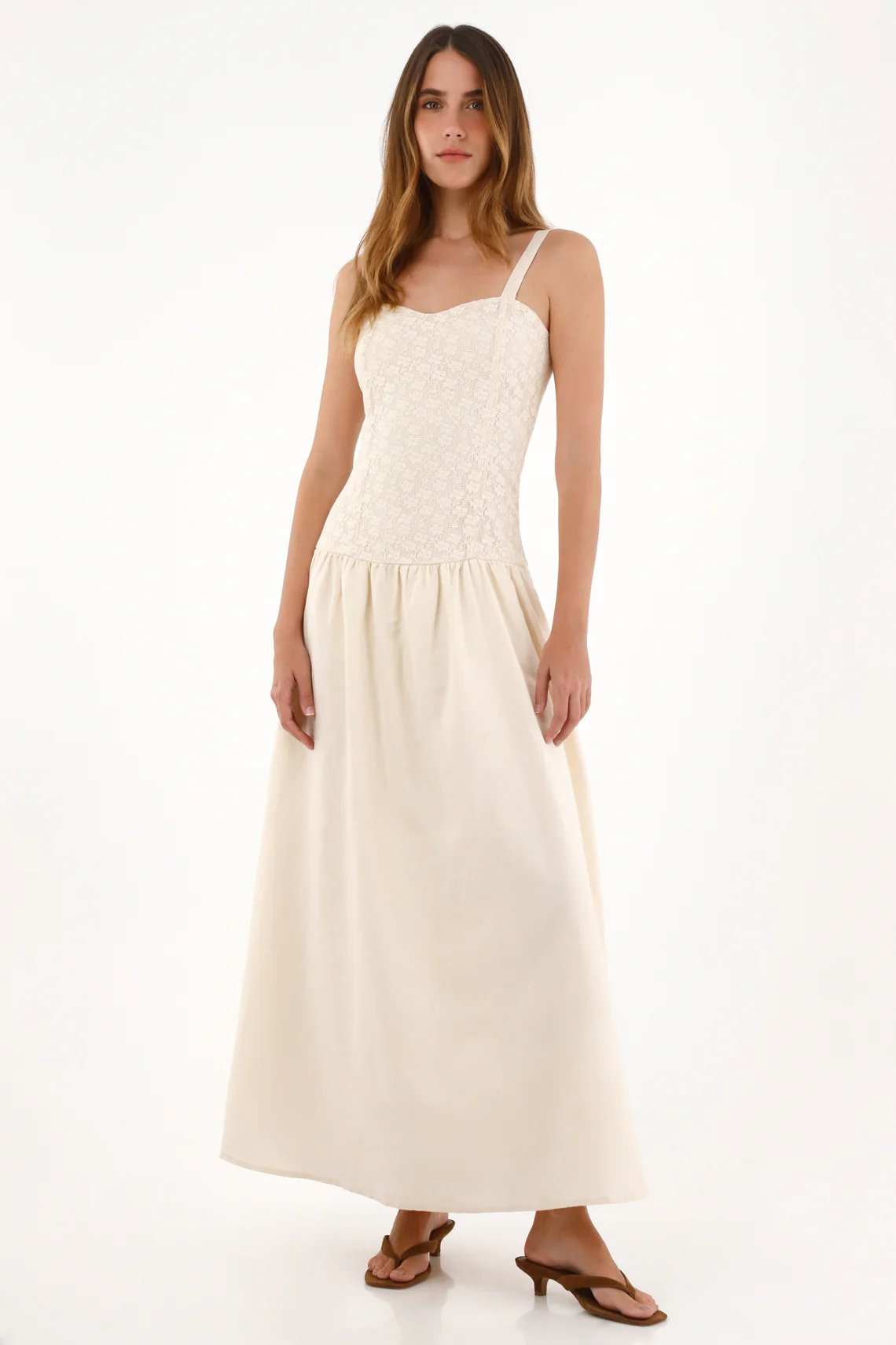 Women's Long Linen-Style Dress in Cream - Image 3