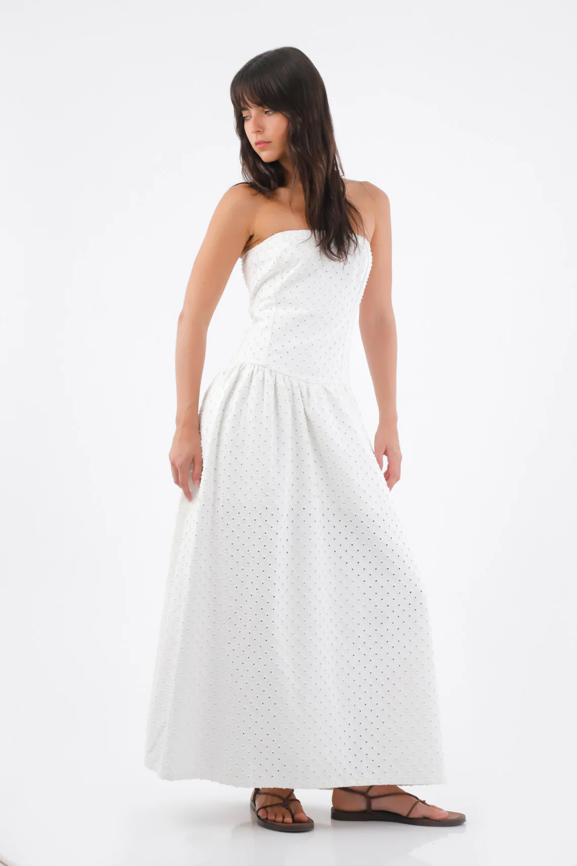 White Midi Cotton Dress for Women with Strapless Design - Image 3