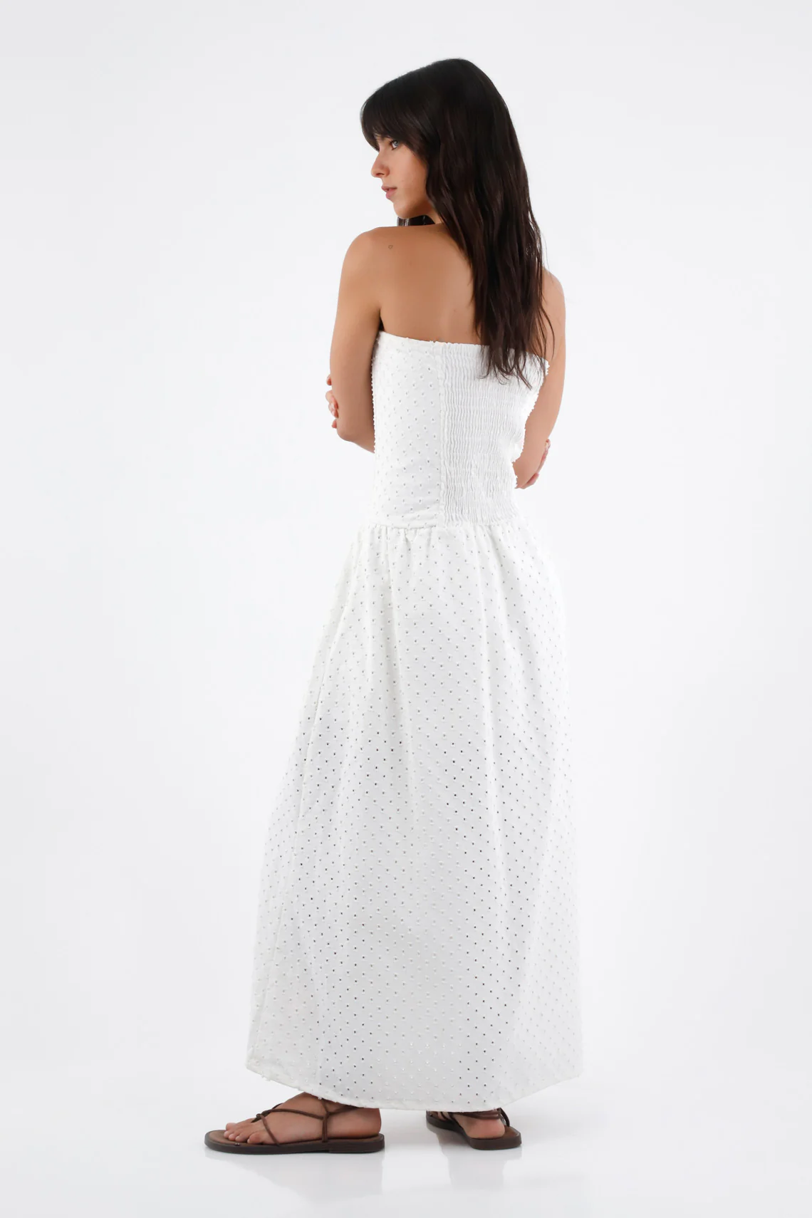 White Midi Cotton Dress for Women with Strapless Design - Image 5