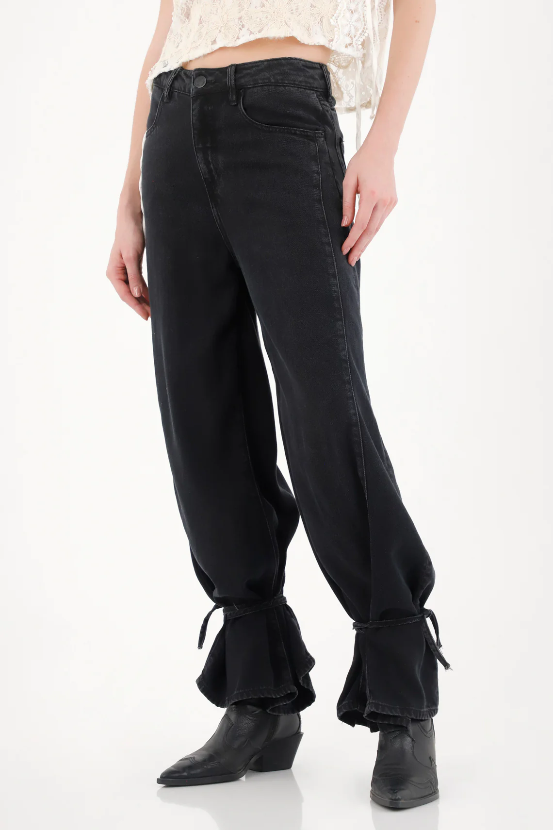 Wide Leg Jeans with Tie Detail in Black for Women - Image 3