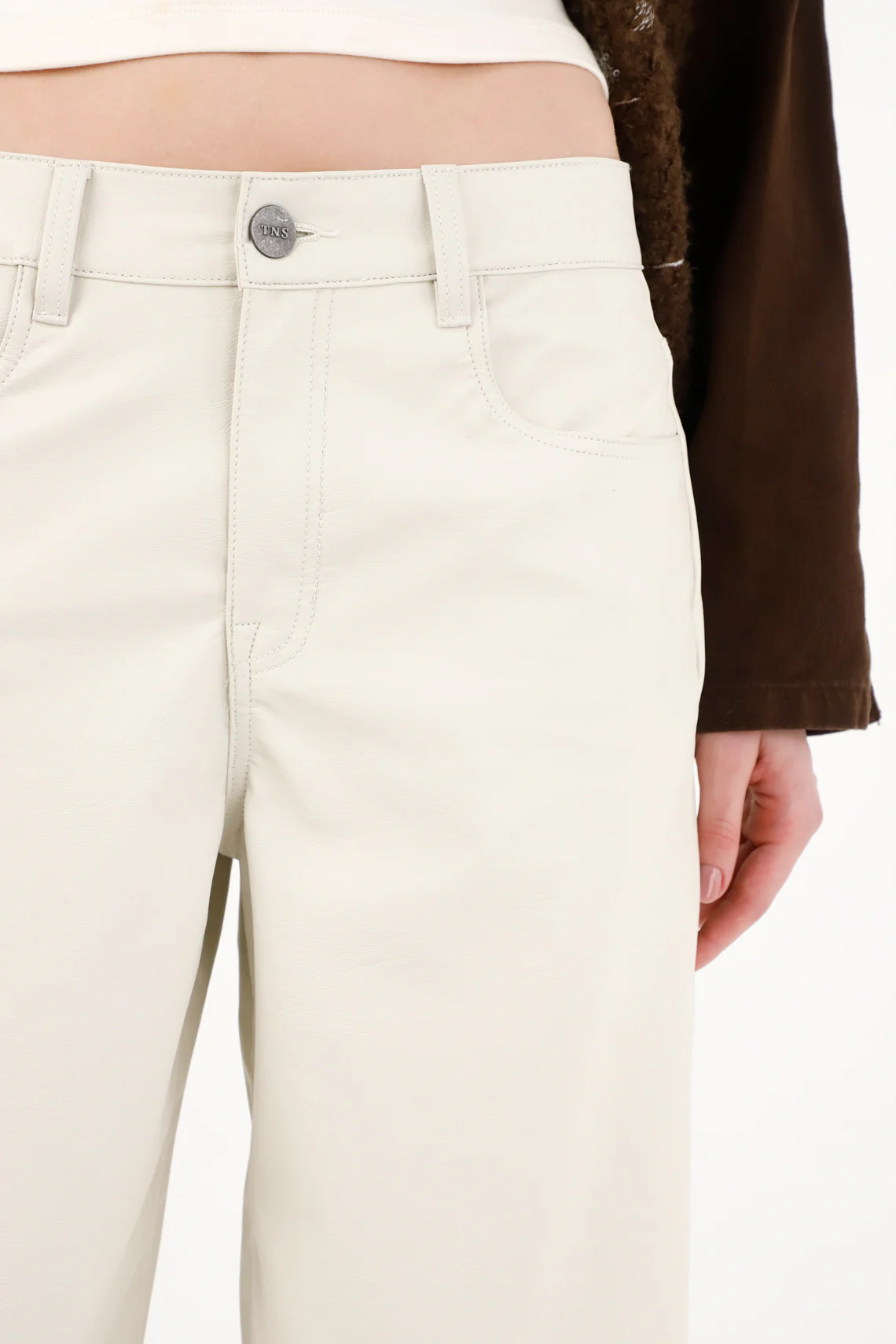 Wide Leg Pants in Off-White Faux Leather for Women - Image 3