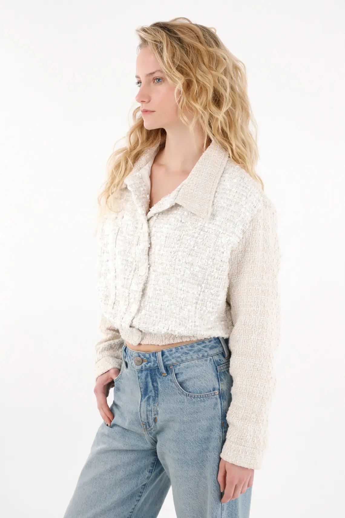 Women"s Cropped Shimmering Tweed Polyester Coat - Image 3