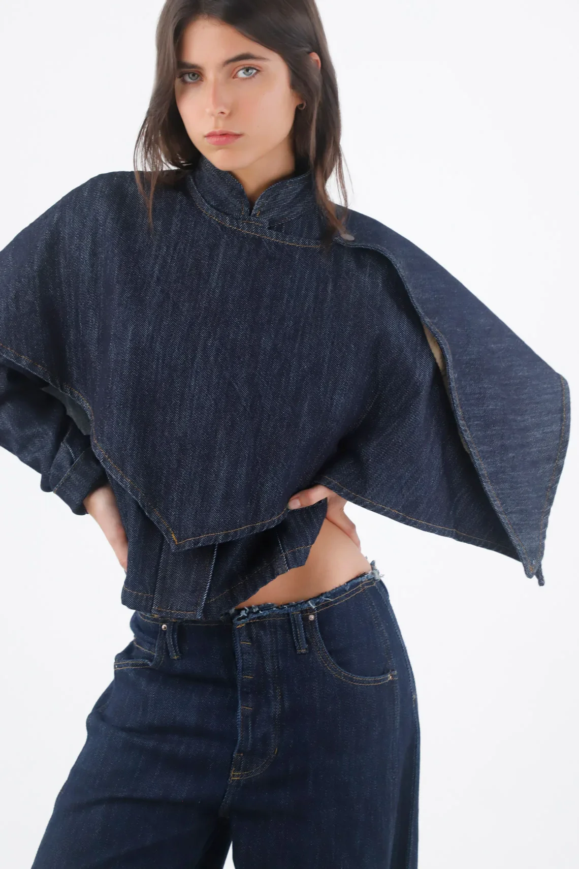 Short Indigo Cotton Jacket for Women with Cape - Image 2