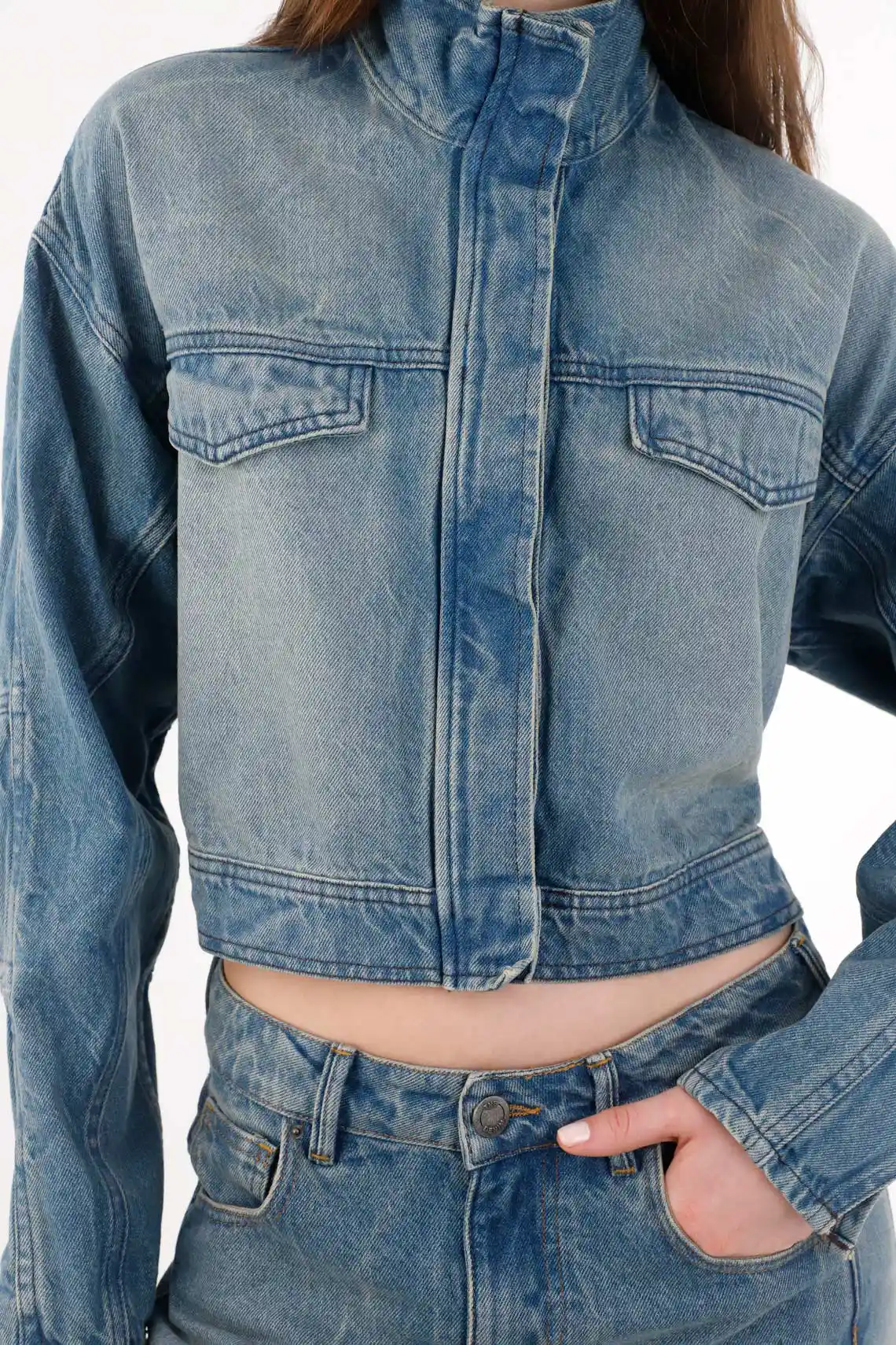 Boxy Cropped Women's Indigo Blue Cotton Jacket - Image 4