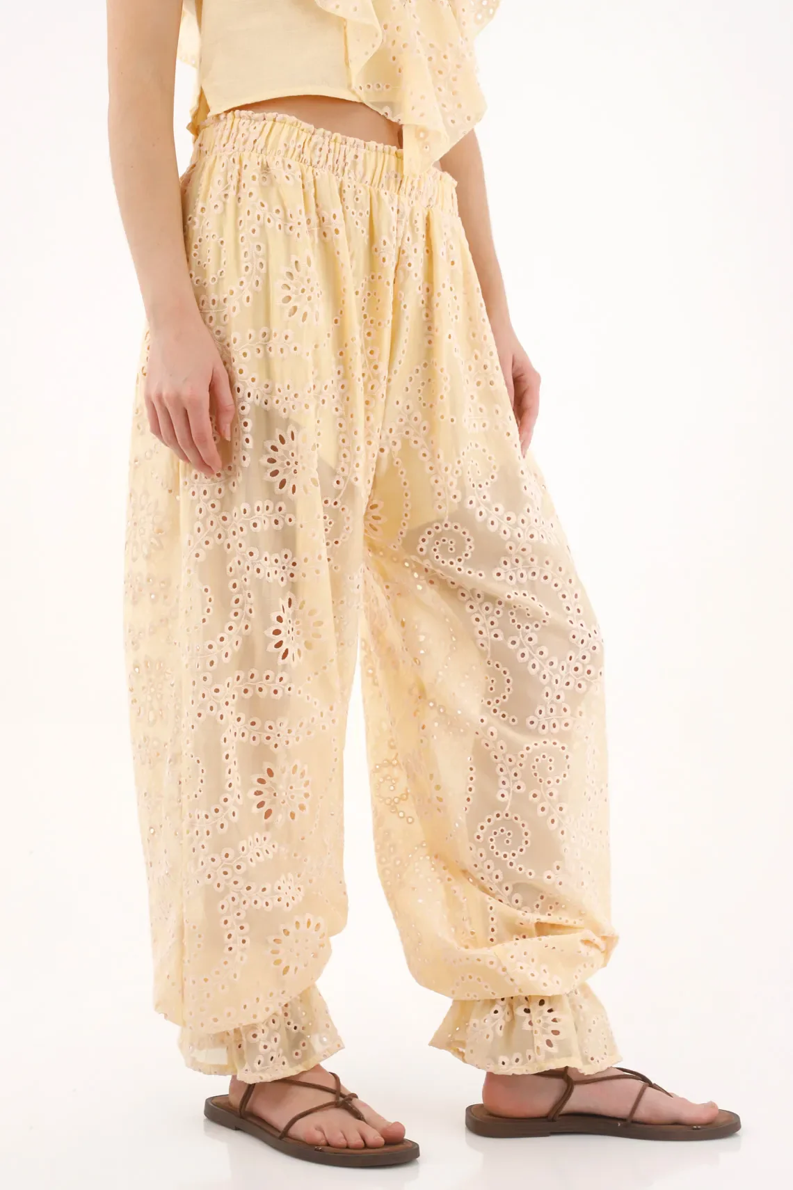 Pastel Yellow Wide Leg Lyocell Pants for Women with Cutwork Embroidery - Image 2