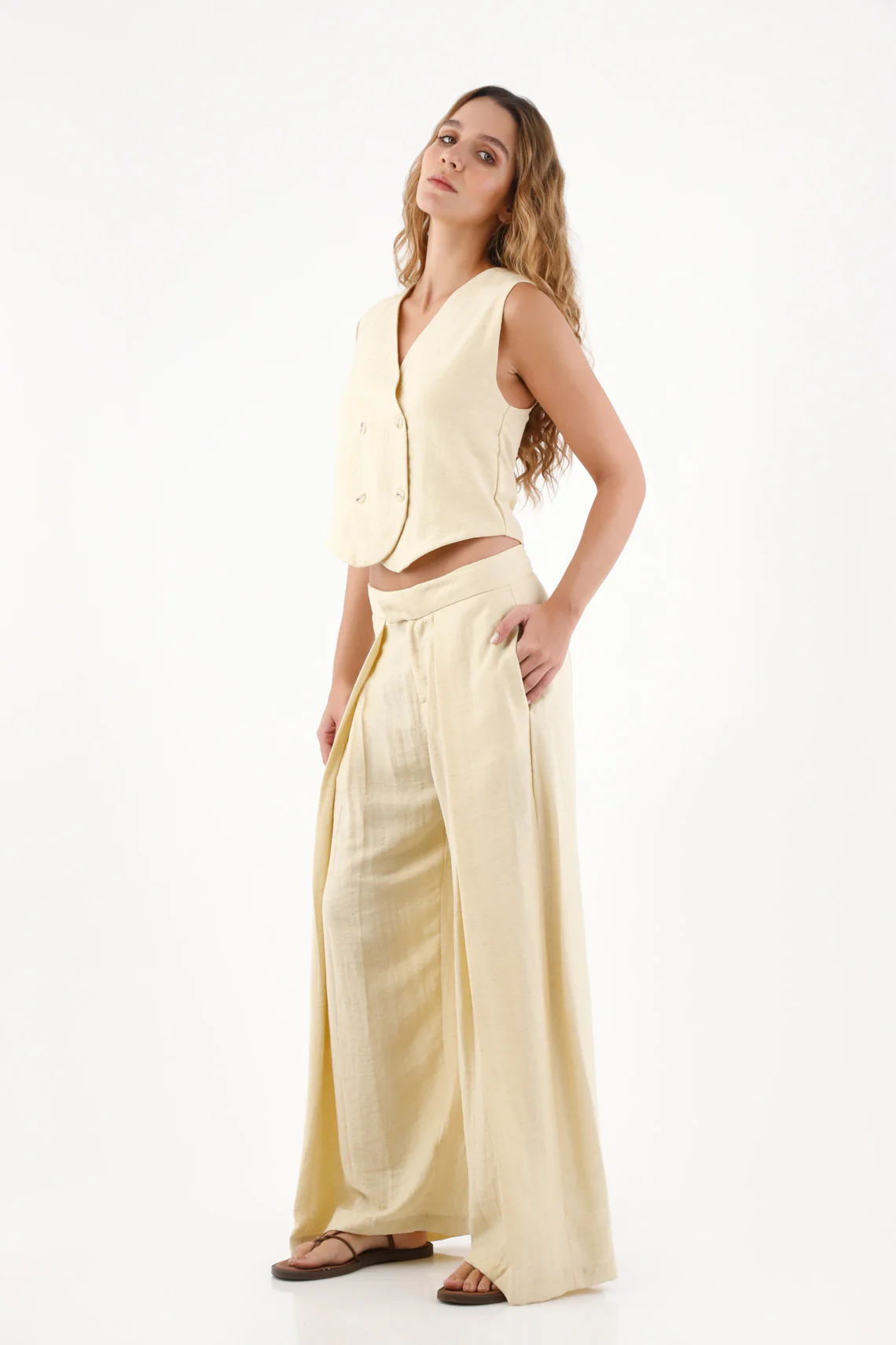 Women’s Sand Linen Palazzo Pants with Front Pleats - Image 2