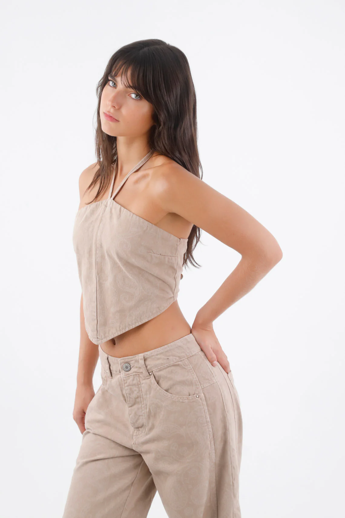 Beige Short Cotton Halter Top with Straps for Women - Image 3