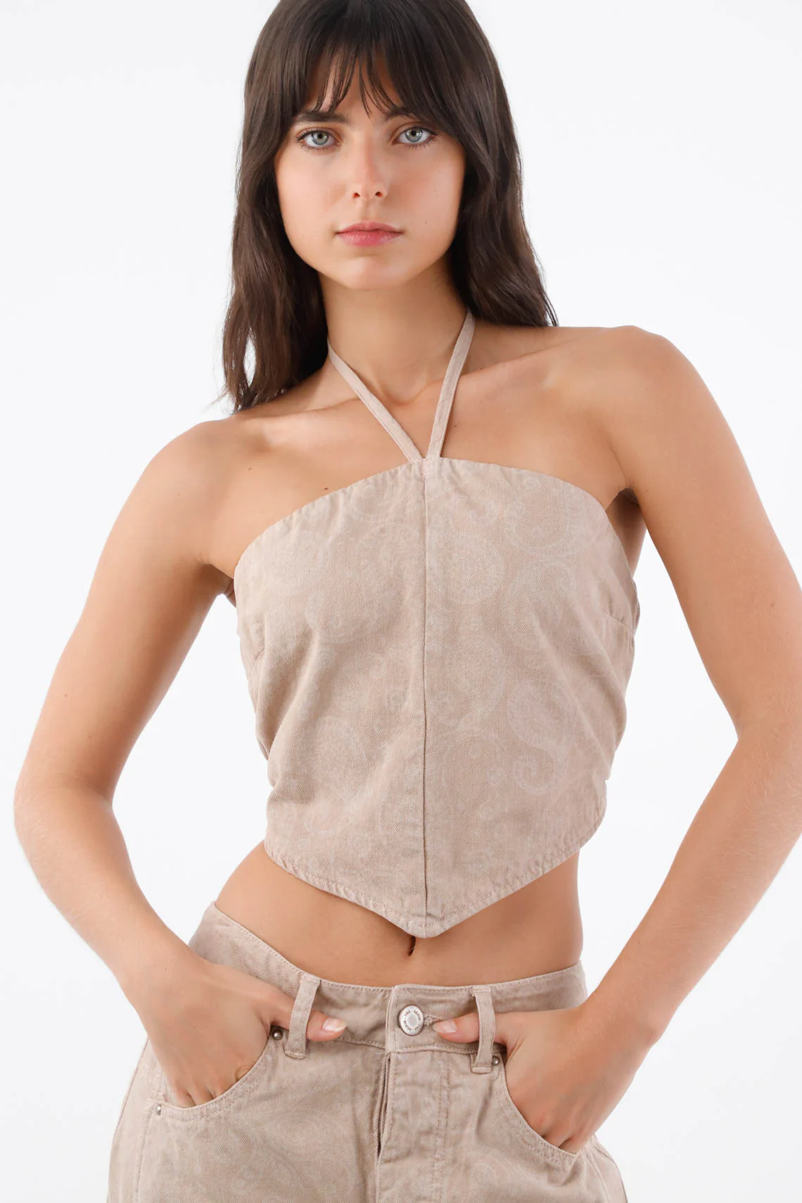 Beige Short Cotton Halter Top with Straps for Women - Image 4