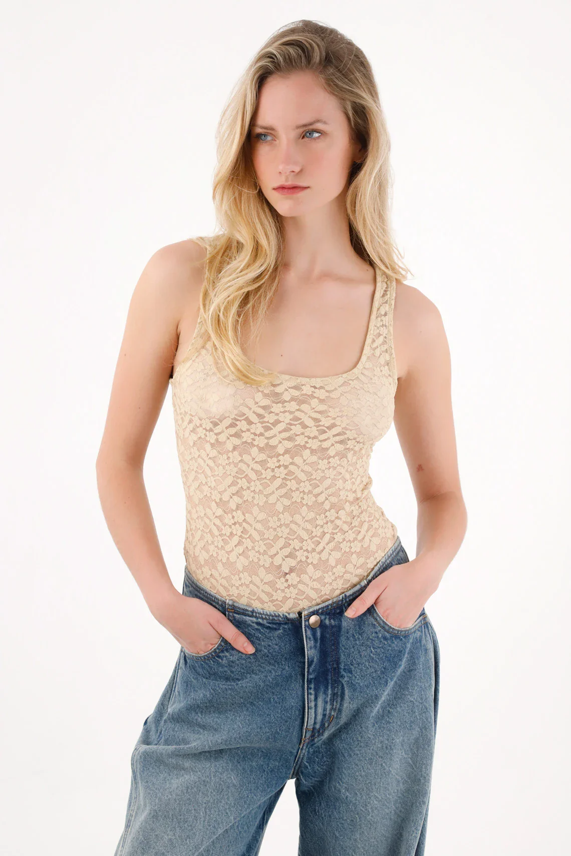 Cream Lace Bodysuit for Women