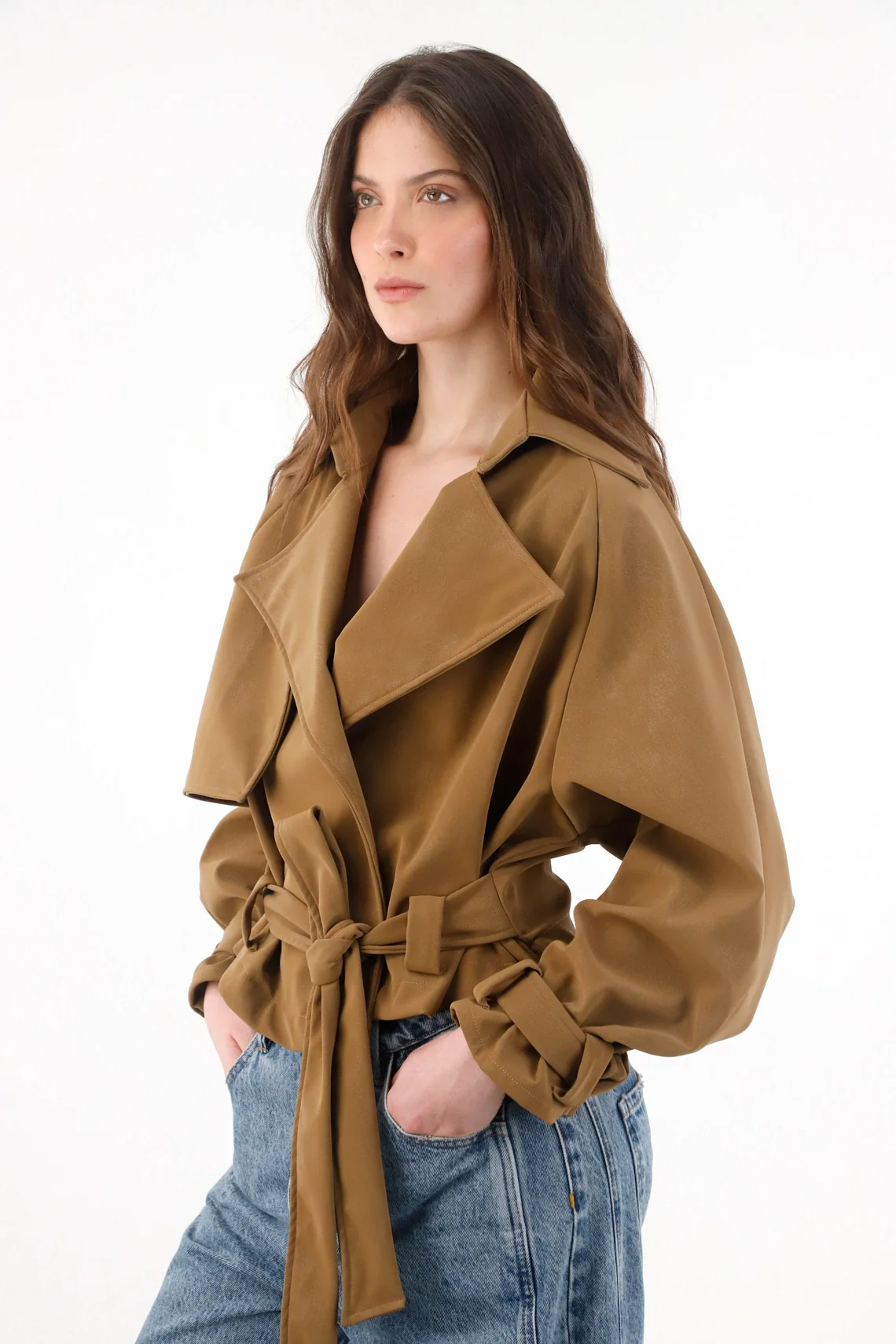 Camel Polyester Jacket for Women with Belt - Image 4