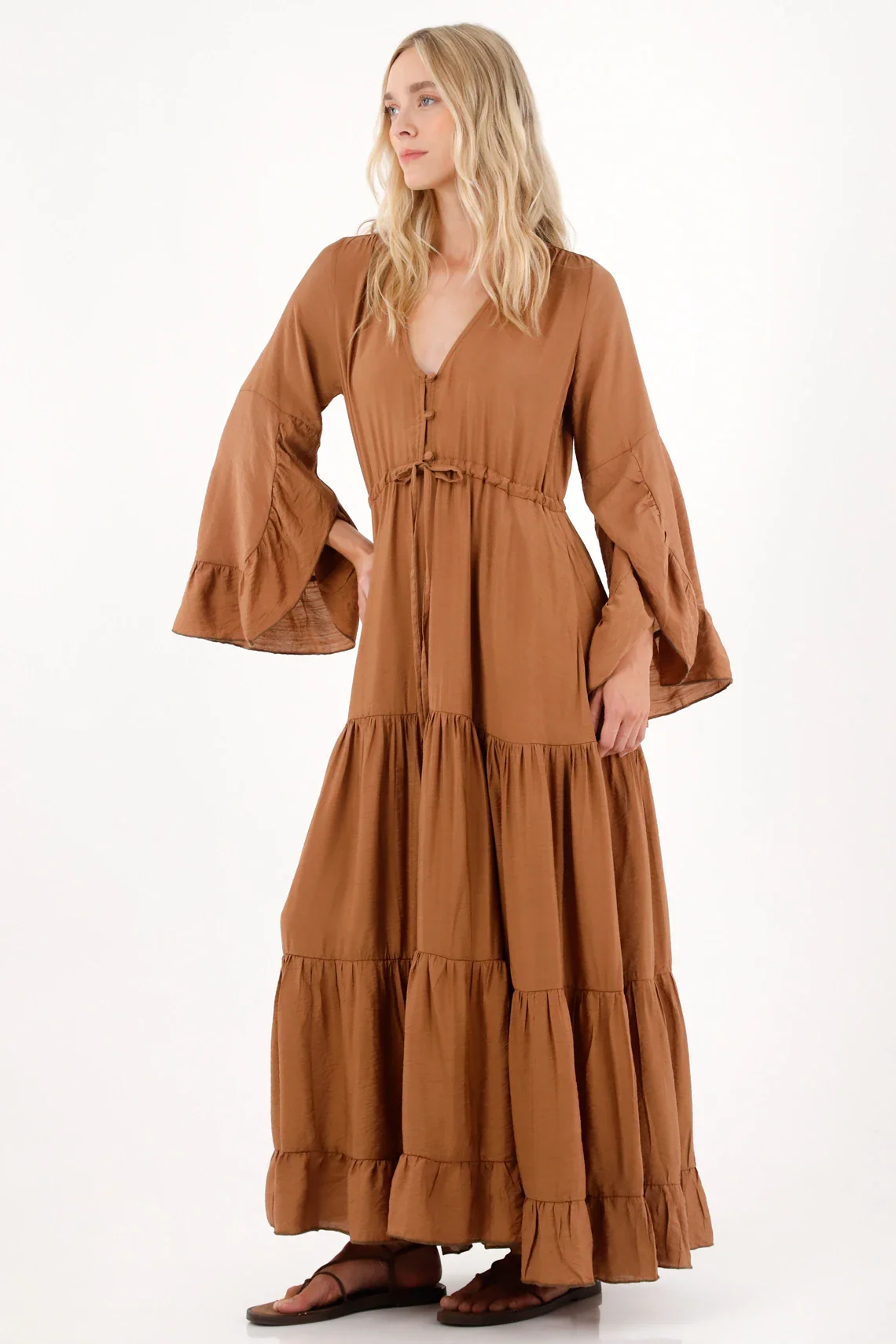 Brown Maxi Boho Viscose-Polyamide Women's Dress with Ruffles Summer - Image 2