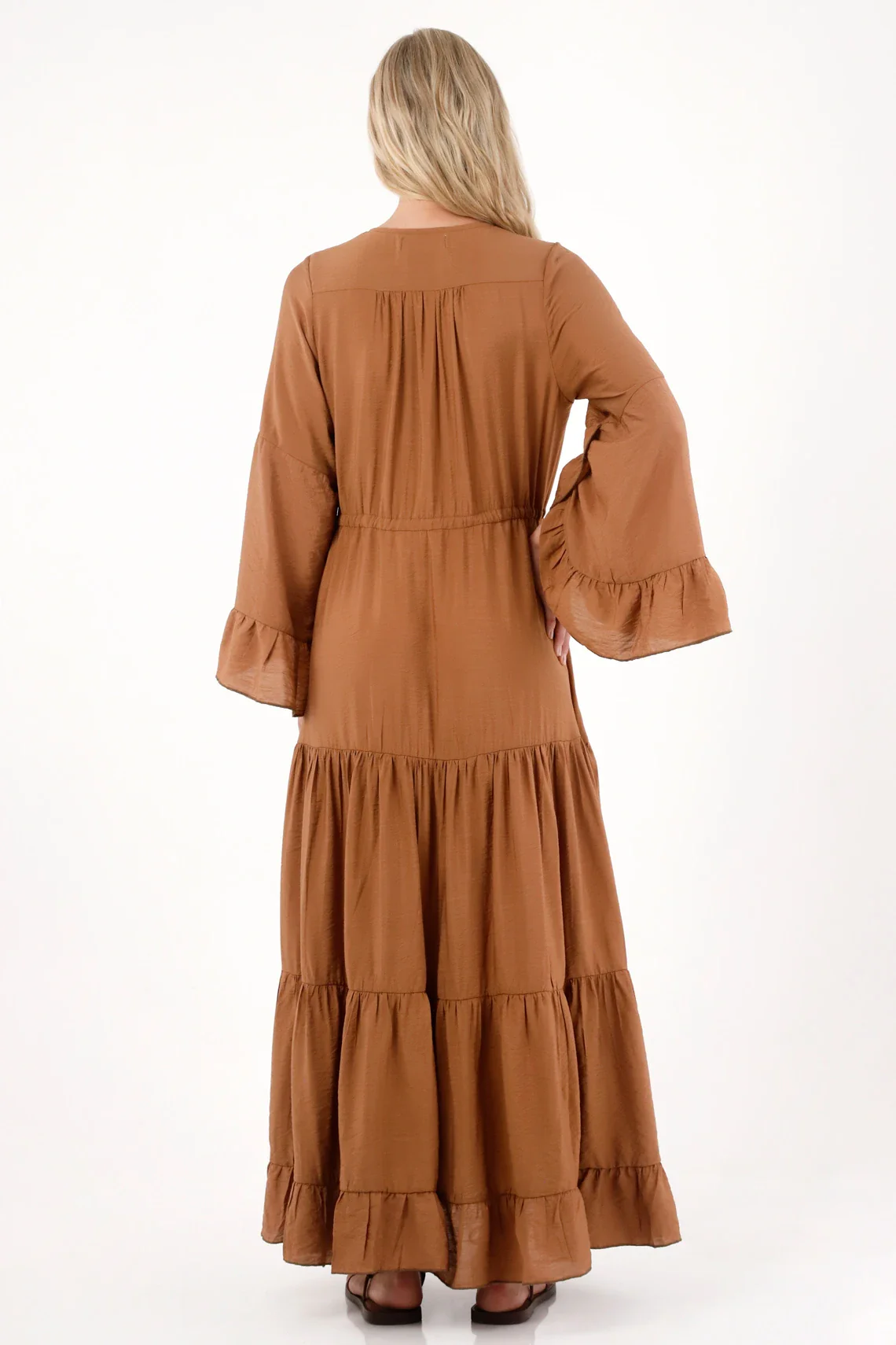 Brown Maxi Boho Viscose-Polyamide Women's Dress with Ruffles Summer - Image 4