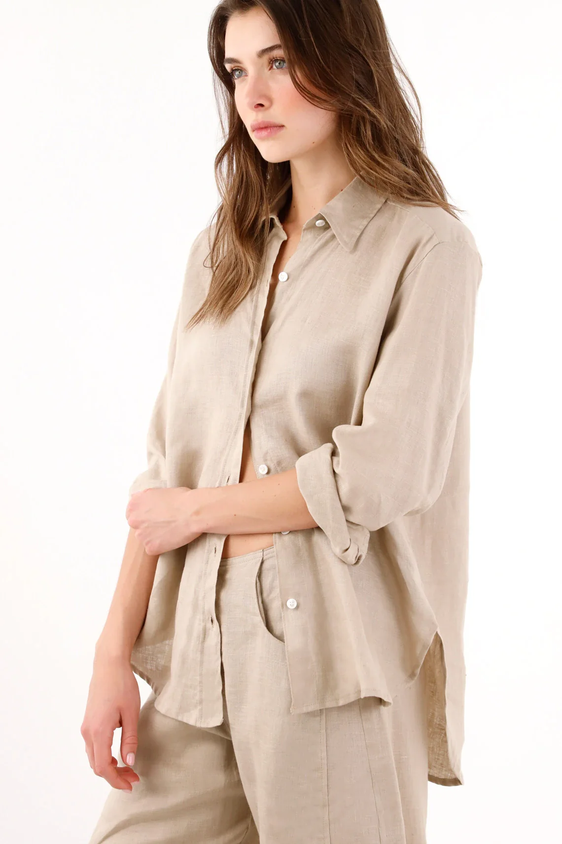 Women's Beige Linen Shirt with Straight Fit and Rounded Hem - Image 2