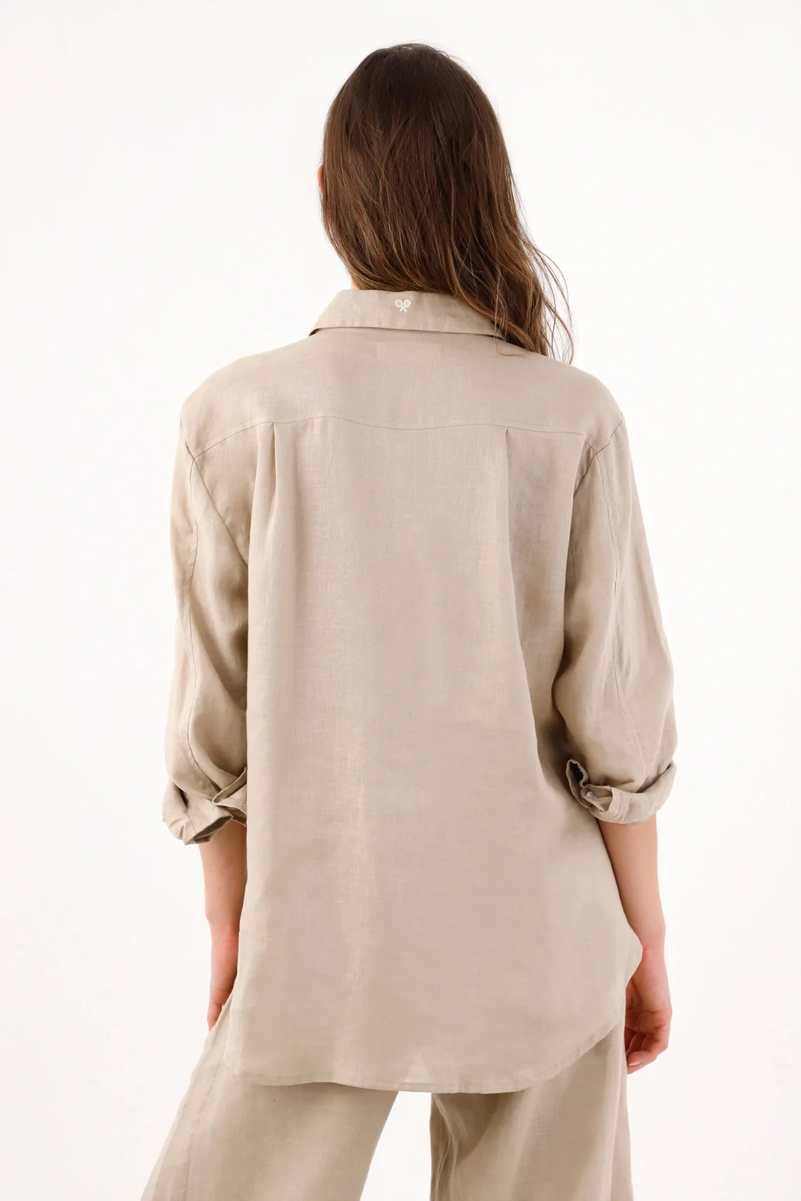 Women's Beige Linen Shirt with Straight Fit and Rounded Hem - Image 4