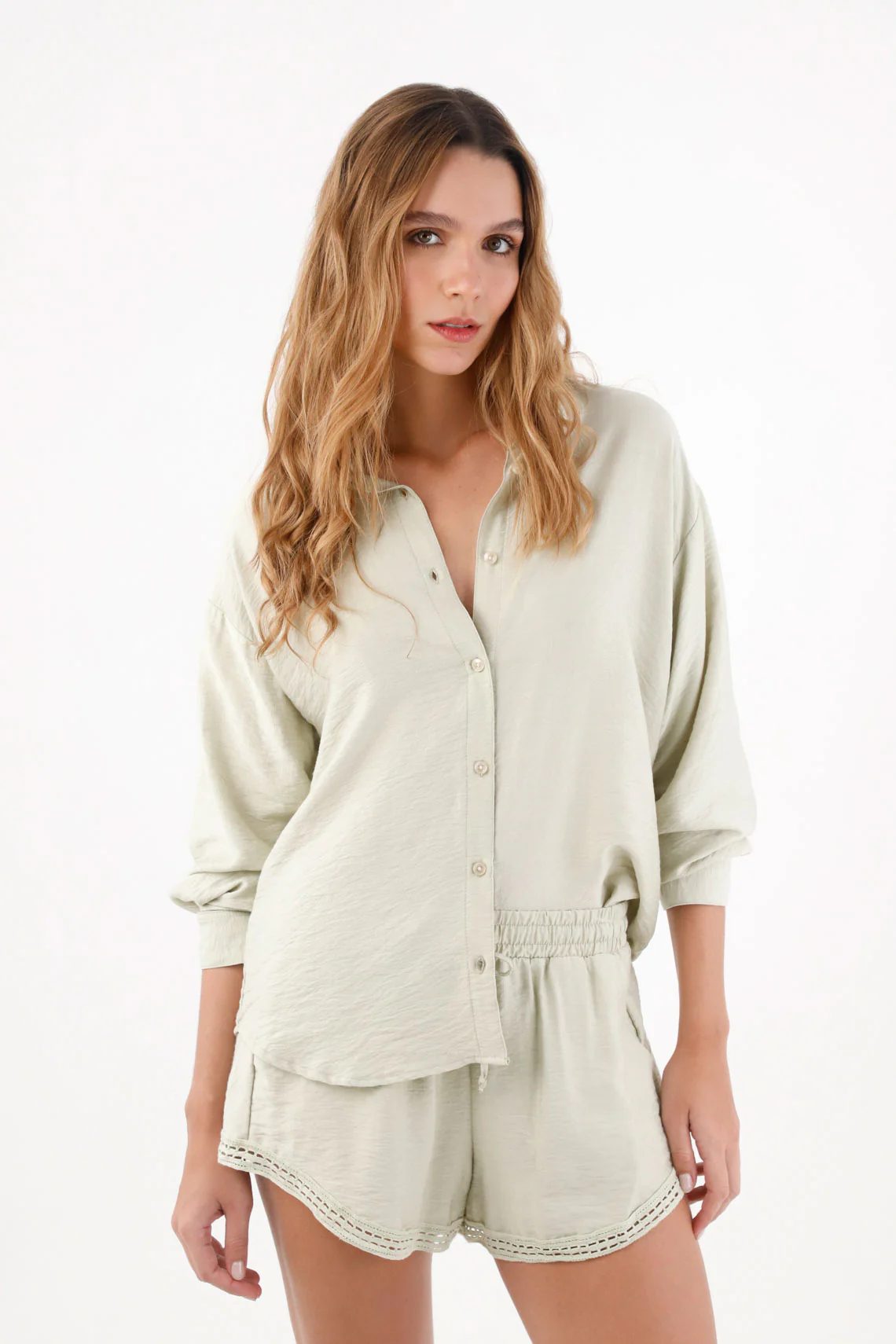 Women's Relaxed Fit Wrinkled Texture Viscose Shirt in Sage Green