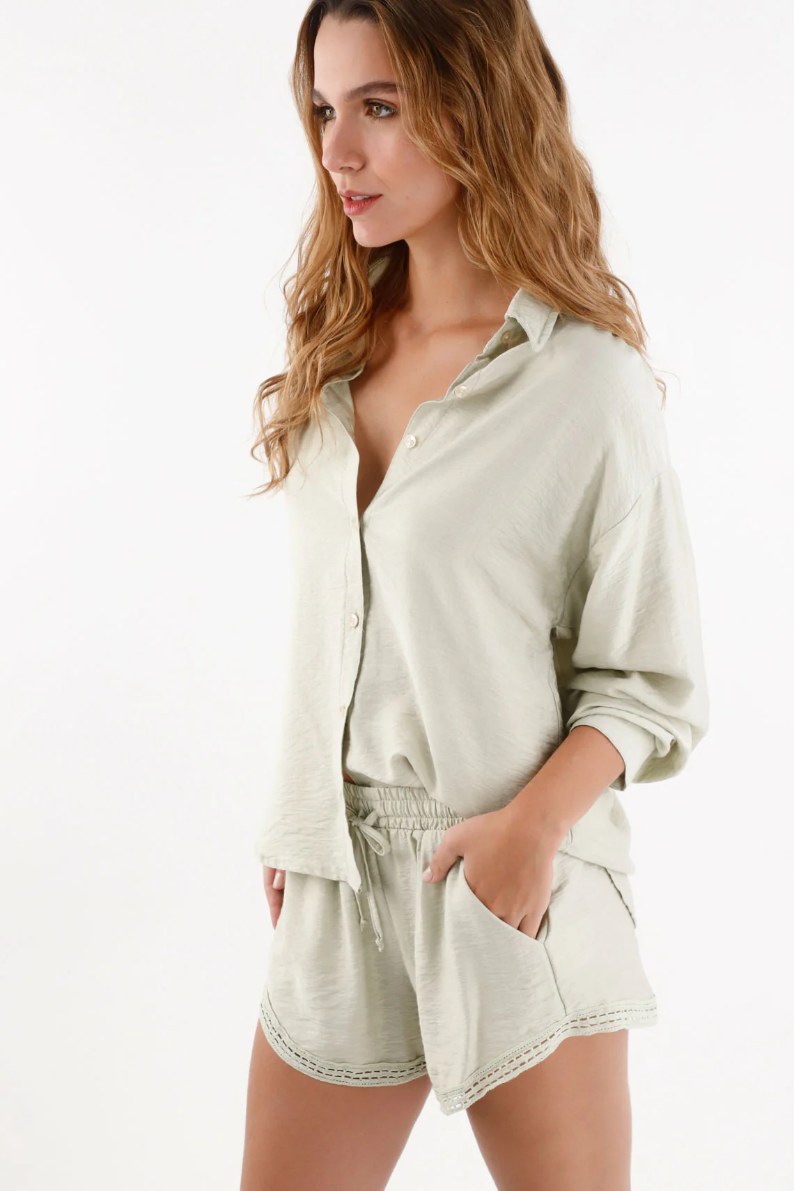 Women's Relaxed Fit Wrinkled Texture Viscose Shirt in Sage Green - Image 2