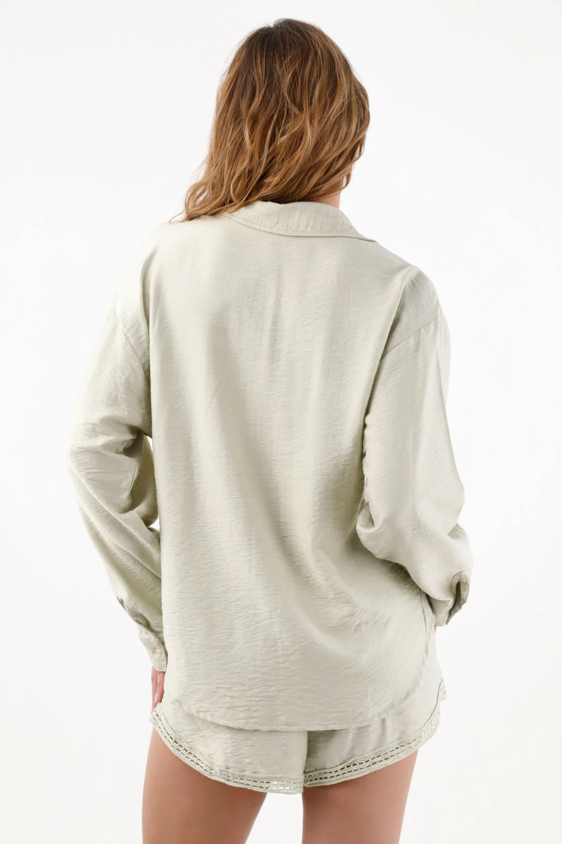 Women's Relaxed Fit Wrinkled Texture Viscose Shirt in Sage Green - Image 4