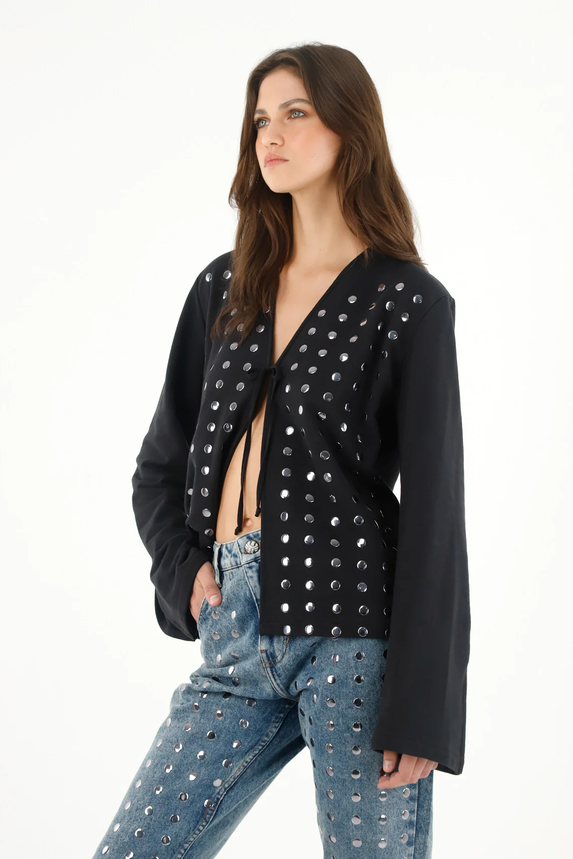 Women'Sweatshirt Black Relaxed Fit with Studs - Image 2